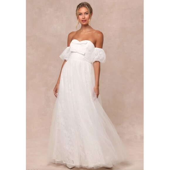 Lulus Dresses & Skirts - NWOT:  Complete Romantic White Lace Off-the-Shoulder Bow Maxi Dress - Size Small